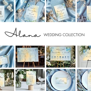 Baby Blue Watercolour Wedding Invitation Set, Editable Canva Templates, Elegant Wedding Invite Bundle, QR RSVP, Details Card, Wedding Signs