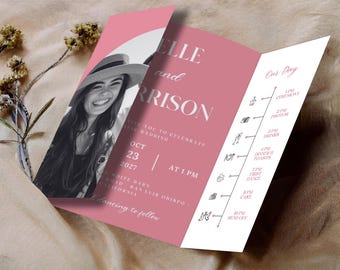Foto Klappkarte, Hochzeitseinladungsvorlage, minimalistische, dreifach faltbare Einladung, bearbeitbares Canva-Design, moderne druckbare Hochzeitspapeterie