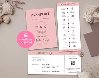 Destination Wedding Invite, Passport Invitation Template, Wedding Abroad, Airplane Ticket Invite, Boarding Pass RSVP, Canva Template Bundle