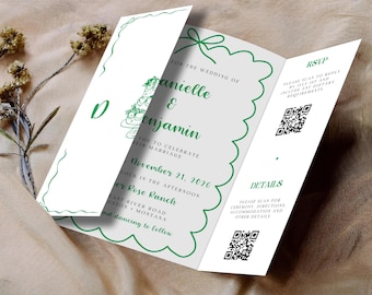 Hand Drawn Gatefold Wedding Invitation Template Illustrated Wedding Invite With QR Code Printable Handwritten Folded Wedding Invitation