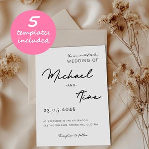 Pacchetto di inviti di nozze minimalisti, modelli Canva semplici e modificabili, set di inviti di nozze eleganti, QR RSVP, scheda dettagli, Save The Date