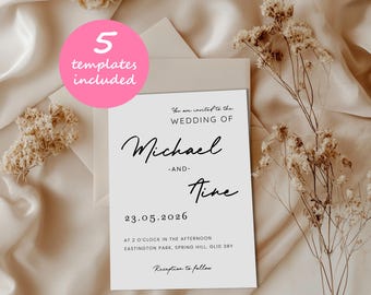 Paquete de invitaciones de boda minimalistas, plantillas de Canva editables y sencillas, elegantes invitaciones de boda, RSVP con código QR, tarjeta de detalles y reserva la fecha.