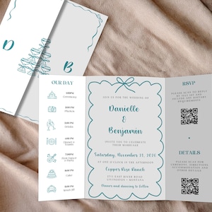Teal Hand Drawn Trifold Wedding Invitation, Custom Whimsical Invite, Editable Template, Unique Doodle Design, Fun RSVP Card, Turquoise Suite