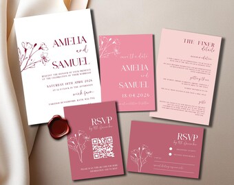Elegant Digital Wedding Invitations, Stationery Bundle, QR Code RSVP, Blush Pink, Rustic, Minimalist, Editable Canva Template