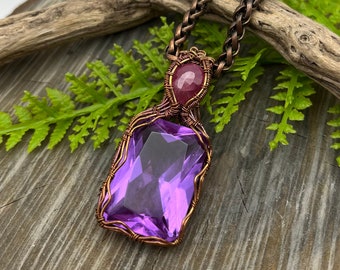 Majestic Purple Hand Cut German Glass, Pink Sapphire Gemstone Wire Wrap Necklace, Copper Wire Wrap Jewelry, Free USA ship, Women’s Gift