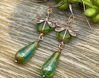 Green Dragonfly Dangle Earrings, Czech Glass Beads, Copper Artisan Jewelry, Made in the USA, Fast n Free Shipping