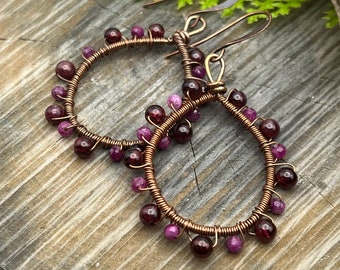 Garnet and Ruby Copper Wire Wrapped Hoop Earrings, Artisan Jewelry, Gift,Birthstone