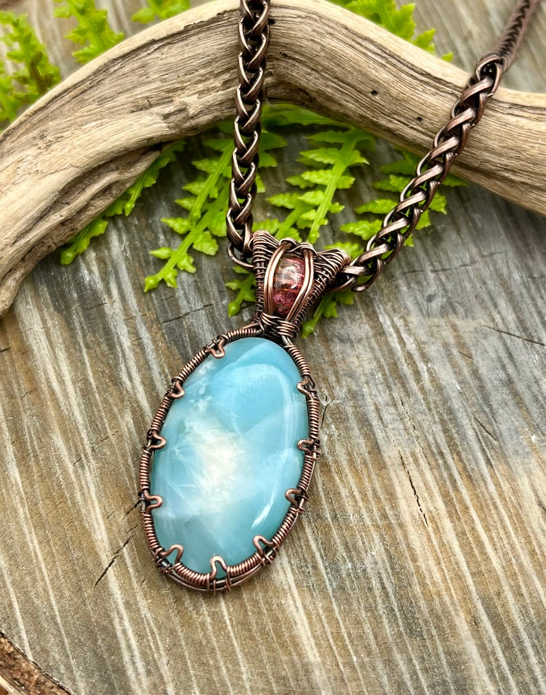 Blue Hemimorphite and Tourmaline Gemstone Pendant Necklace with Wire Wrapped Copper, Free Shipping, Gift, Choose Length image 6