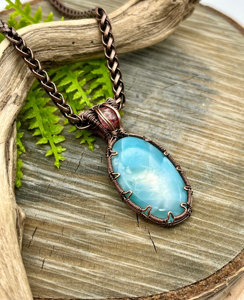 Blue Hemimorphite and Tourmaline Gemstone Pendant Necklace with Wire Wrapped Copper, Free Shipping, Gift, Choose Length image 5