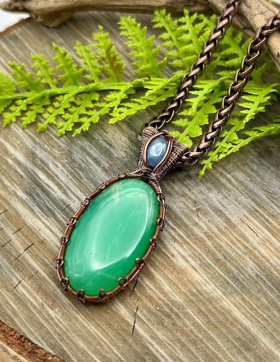 Handmade Chrysoprase Pendant Necklace: Copper Wire Wrapped Gemstone, Tanzanite Bail