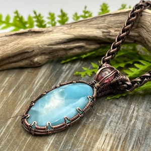 Blue Hemimorphite and Tourmaline Gemstone Pendant Necklace with Wire Wrapped Copper, Free Shipping, Gift, Choose Length image 3