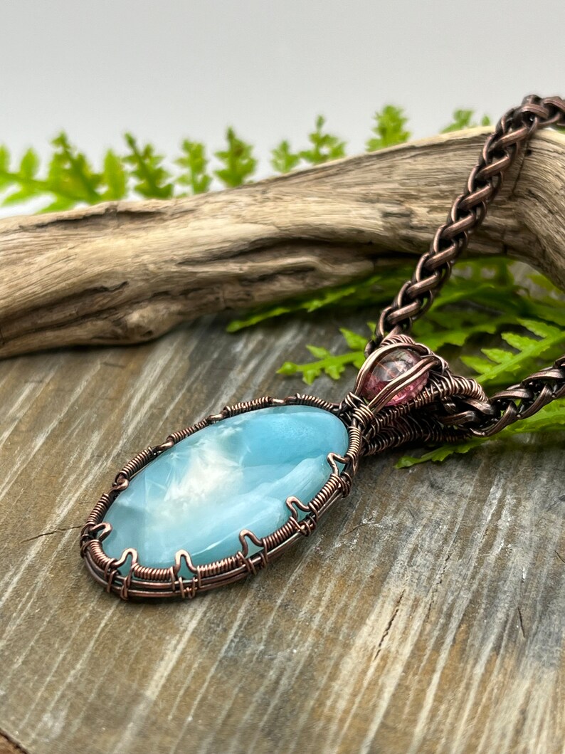 Blue Hemimorphite and Tourmaline Gemstone Pendant Necklace with Wire Wrapped Copper, Free Shipping, Gift, Choose Length image 3