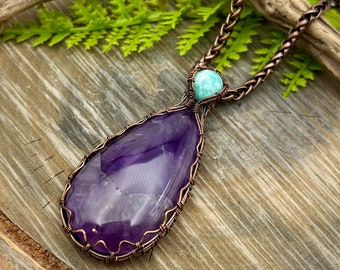 Amethyst and Amazonite Gemstone Wire Wrap Pendant Necklace, Copper Wire Wrap Jewelry, February Birthstone, free USA ship