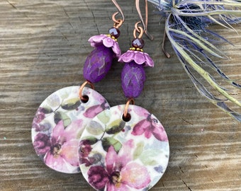 Purple Floral Earrings Czech Glass Artisan Jewelry Dangle Made in the USA Fast n Free Shipping