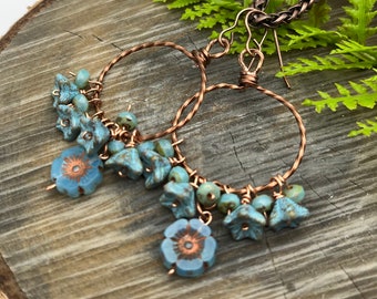 Blue Floral Copper Hoops, Czech Glass Blue Flower Beads, Dangles, Artisan Jewelry, Gift