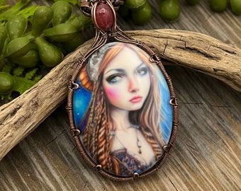 Hand Painted Cameo Artisan Pendant, Necklace, Cabochon, Copper Chain, Free USA Shipping, Weaver Roots Jewelry, Gift