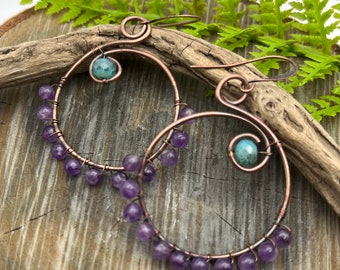 Amethyst Gemstone Copper Wire Wrapped Hoop Earrings, Artisan Jewelry, Free Domestic Shipping, Gift, February Birthstone