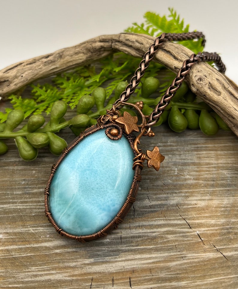 Larimar Blue Gemstone with Copper Ivy Pendant Necklace with Wire Wrapped Copper, Adjustable, Ready To SHIP, Gift image 6