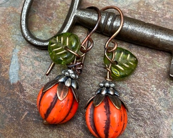 Cinderella's Pumpkin Harvest Earrings, Czech Glass, Antique Silver and Copper, Marta Weaver Jewelry