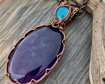 Amethyst and Chrysoprase Gemstone Wire Wrap Pendant Necklace, Copper Wire Wrap Jewelry, February Birthstone, free USA ship