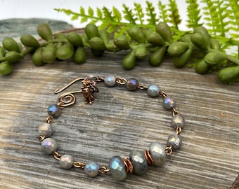 Glistening Labradorite gemstone~ Bracelet ~free shipping ~Made in the USA~ copper wire wrap, wire weaver~ Adjustable, Copper Cat Charm