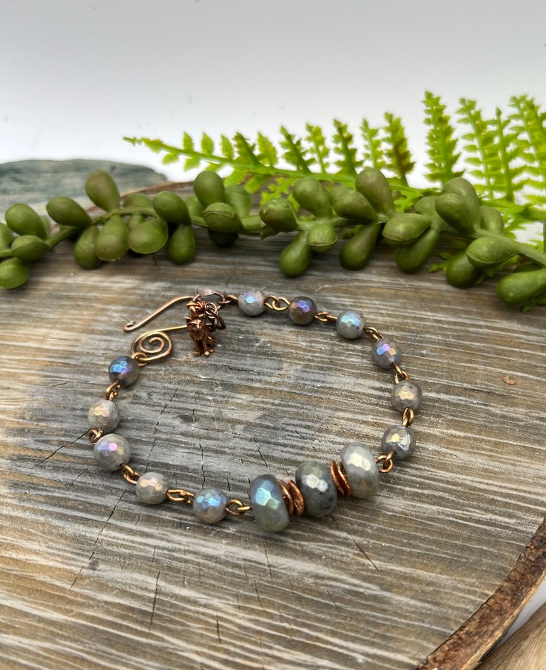 Glistening Labradorite gemstone Bracelet free shipping Made in the USA copper wire wrap, wire weaver Adjustable, Copper Cat Charm image 1