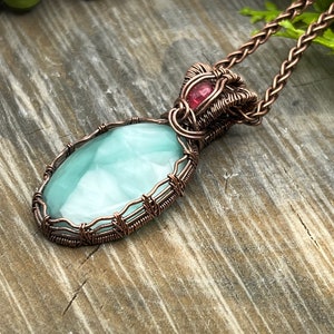 Blue Hemimorphite and Pink Sapphire Gemstone Pendant Necklace with Wire Wrapped Copper, Free Shipping, Gift, adjustable Length image 1