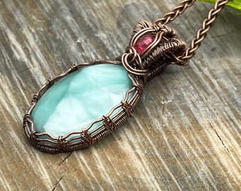 Blue Hemimorphite and Pink Sapphire Gemstone Pendant Necklace with Wire Wrapped Copper, Free Shipping, Gift, adjustable Length