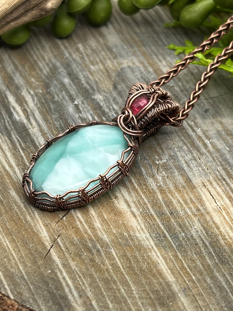 Blue Hemimorphite and Pink Sapphire Gemstone Pendant Necklace with Wire Wrapped Copper, Free Shipping, Gift, adjustable Length image 1