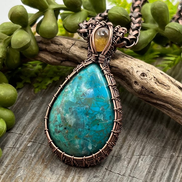 Chrysocolla with Tourmaline Gemstone Necklace, Wire Wrapped Copper, Fast n Free USA Shipping, Artisan Jewelry, Great Gift for Women or Men