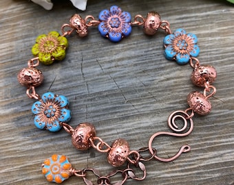 Bracelet Flowers Multi Color Czech Glass Adjustable Free Shipping Copper Wire Wrap, Flower Charms