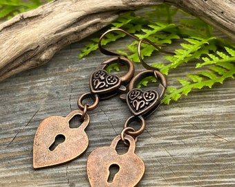 Romantic Copper Heart Clasp Boho Earrings /by Weavers Roots Jewelry/ Ready to Ship Free