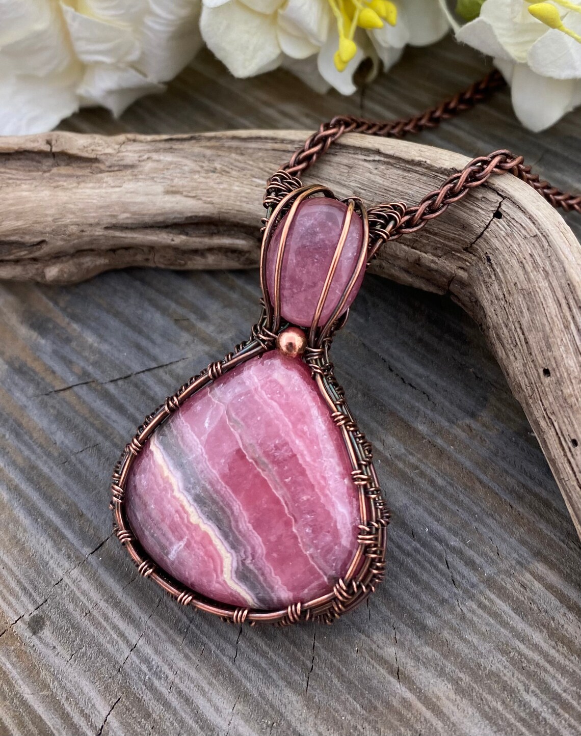 Pink Rhodochrosite Gemstone With Copper Wire Wrapped Pendant - Etsy