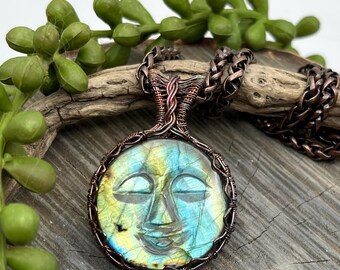 Happy Moon Face Labradorite, Semi Precious Gemstone, Copper wire wrapped Pendant Necklace-Gift, Adjustable