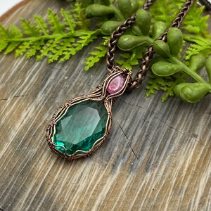 Teal Green Hand Cut German Glass, Pink Sapphire Gemstone Wire Wrap Necklace, Copper Wire Wrap Jewelry, Free USA ship, Womens Gift image 5