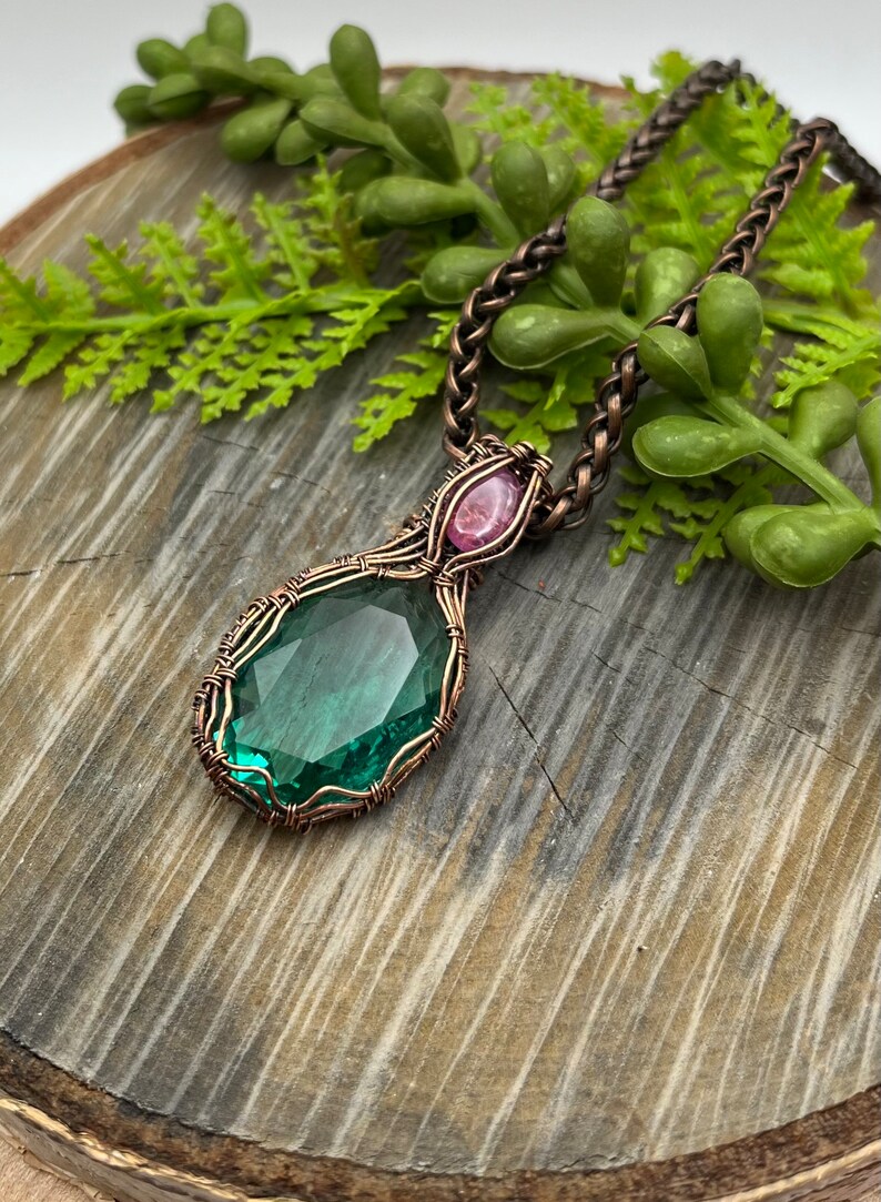 Teal Green Hand Cut German Glass, Pink Sapphire Gemstone Wire Wrap Necklace, Copper Wire Wrap Jewelry, Free USA ship, Womens Gift image 5