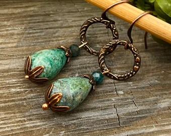 Chrysocolla and Kyanite Gemstones Copper Earrings, Copper Etched Hoops, Free Shipping Handmade Artisan Jewelry, Gift