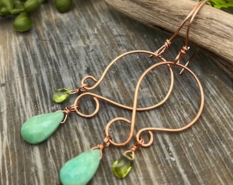 Chrysoprase and Peridot Green Gemstone and Copper Drop Dangle Earrings, Free Shipping in the USA, August Birthstone, Weavers Roots