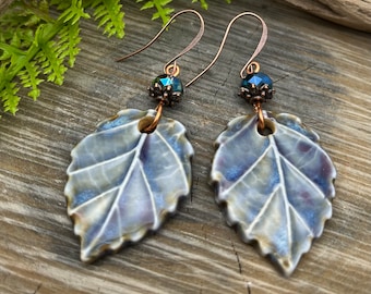 Blue Leaf Porcelain Earrings Czech Glass Artisan Jewelry Dangle Made in the USA Fast n Free Shipping