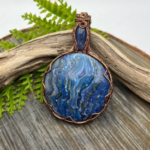 Blue Crazy Lace Agate and Kyanite Gemstones copper wire wrap pendant necklaceready to shipFree Domestic Shipping wire wrapGift image 2