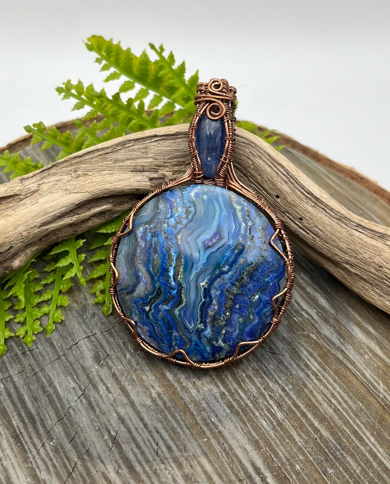 Blue Crazy Lace Agate and Kyanite Gemstones copper wire wrap pendant necklaceready to shipFree Domestic Shipping wire wrapGift image 2