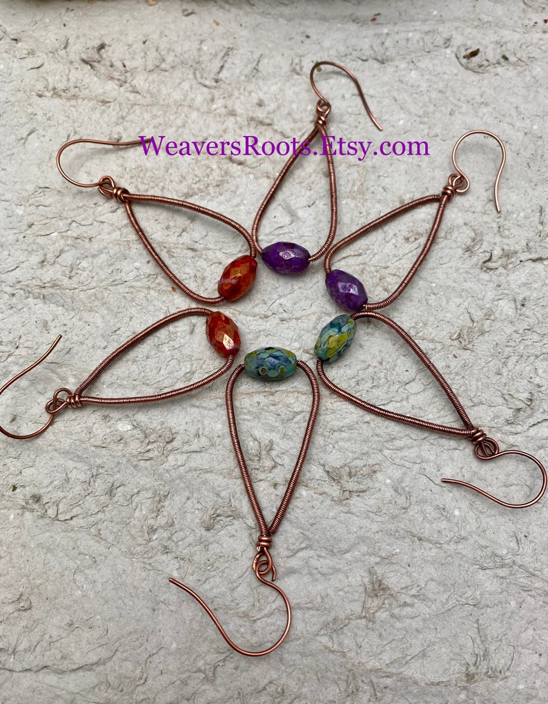Purple Free USA Shipping Dangle Earrings Ready to Ship Speckled Weaver Roots Your Choice Czech Glass Copper Wire Wrap or Carnelian