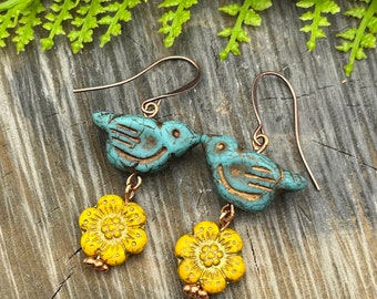 Blue Bird and Sunflower Earrings, Czech Glass, Artisan Jewelry Dangle, Made in the USA, Fast n Free Shipping, Great Gift