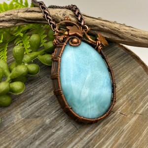 Larimar Blue Gemstone with Copper Ivy Pendant Necklace with Wire Wrapped Copper, Adjustable, Ready To SHIP, Gift image 3