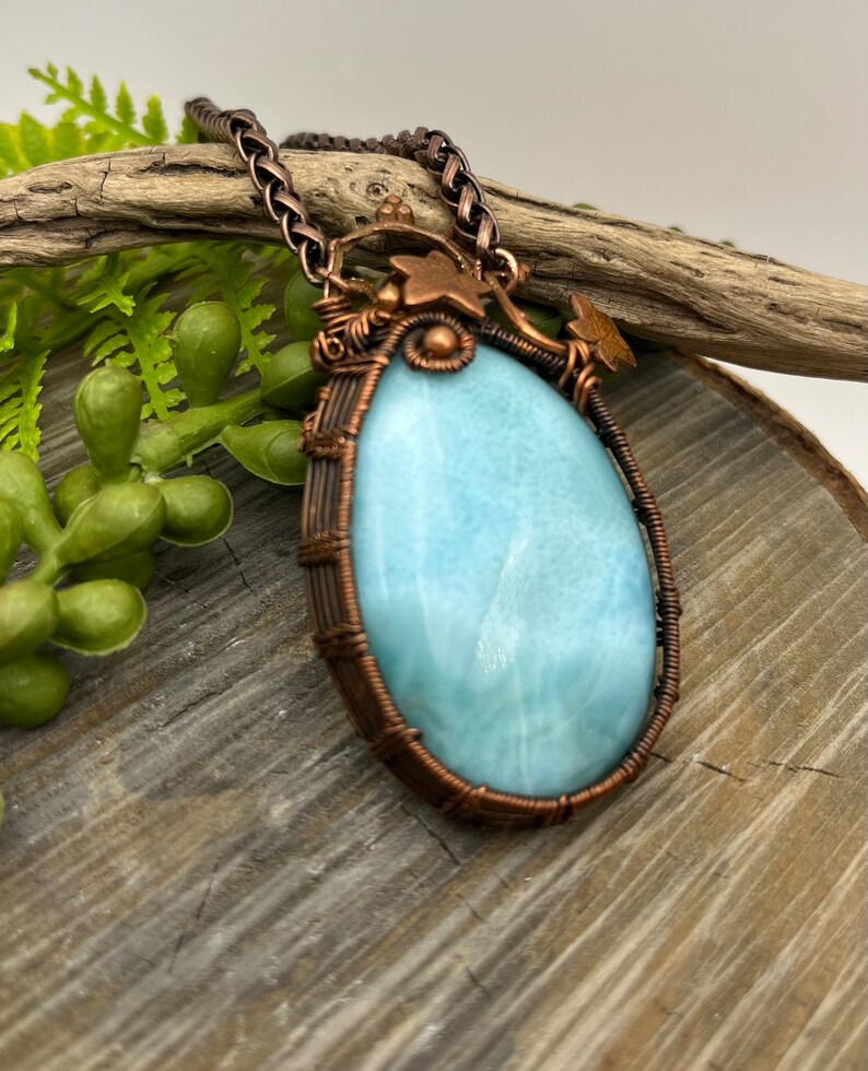 Larimar Blue Gemstone with Copper Ivy Pendant Necklace with Wire Wrapped Copper, Adjustable, Ready To SHIP, Gift image 3