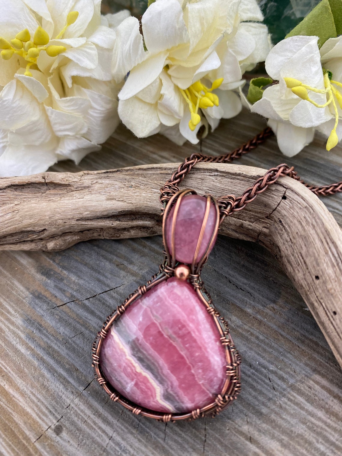 Pink Rhodochrosite Gemstone With Copper Wire Wrapped Pendant - Etsy