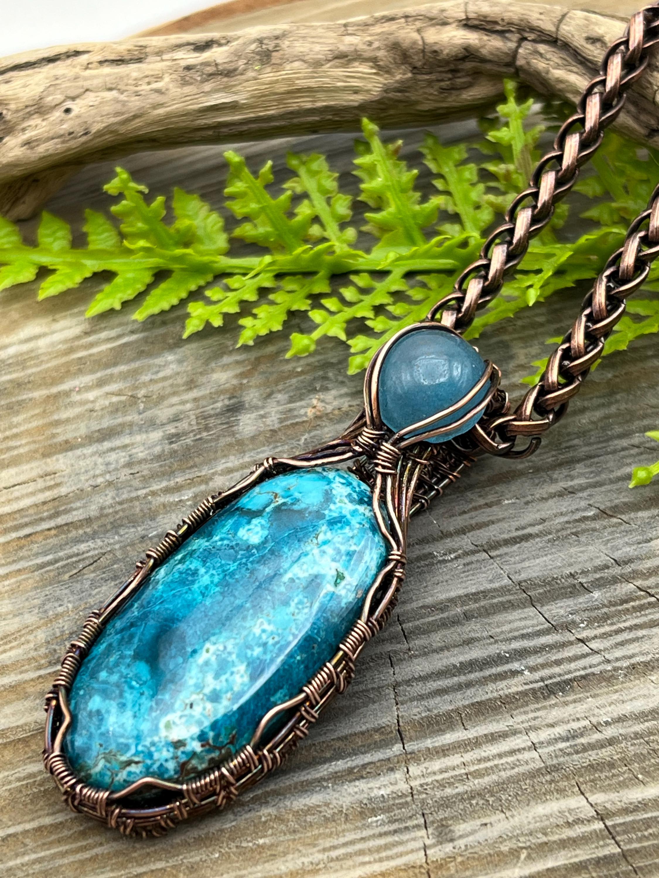 Chrysocolla and Chalcedony Gemstone Necklace, Wire Wrapped Copper, Fast n Free USA Shipping, Artisan Jewelry, Women or Men, Made in USA