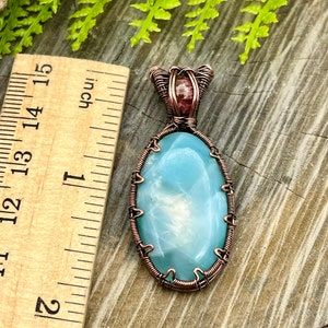 Blue Hemimorphite and Tourmaline Gemstone Pendant Necklace with Wire Wrapped Copper, Free Shipping, Gift, Choose Length image 2