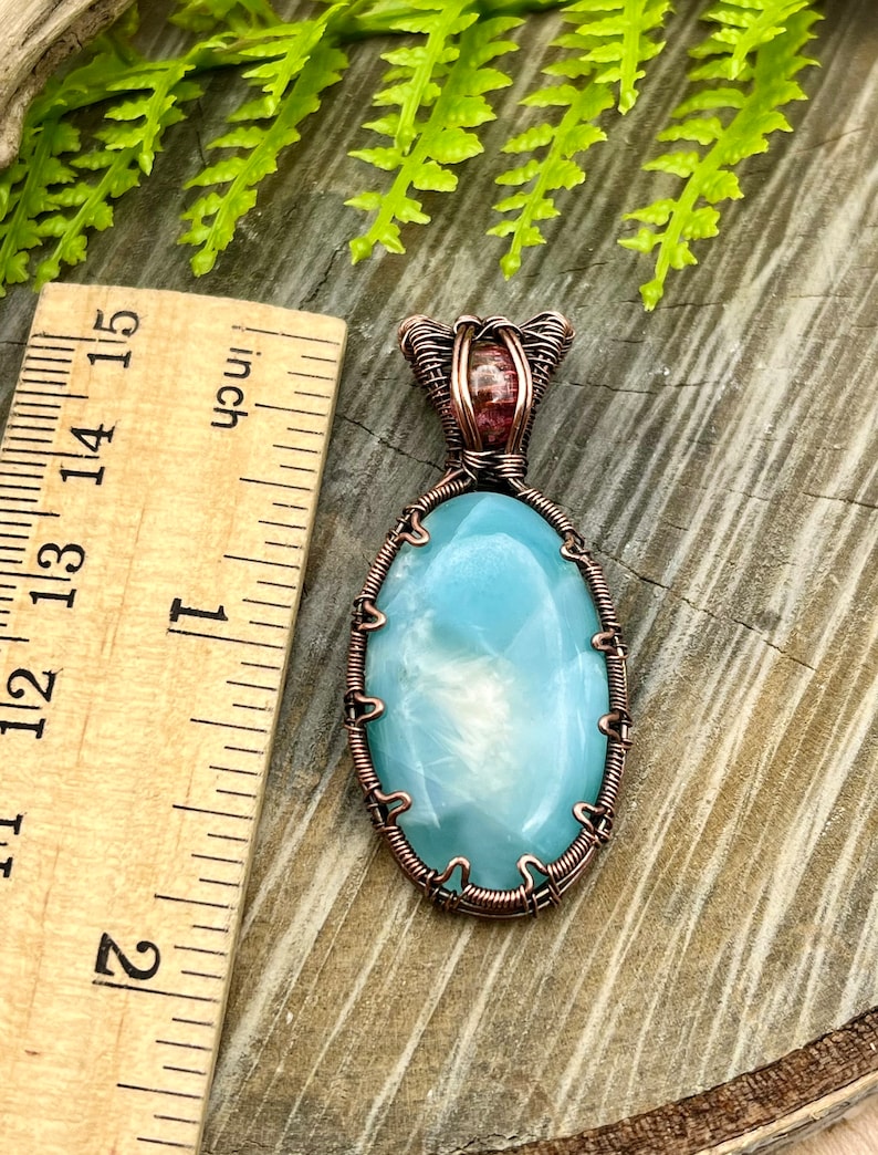 Blue Hemimorphite and Tourmaline Gemstone Pendant Necklace with Wire Wrapped Copper, Free Shipping, Gift, Choose Length image 2