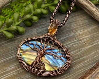 Big Blue Rainbow Tree of Life Labradorite and Topaz Gemstone Pendant Necklace with Wire Wrapped Copper, Free USA Shipping, Gift